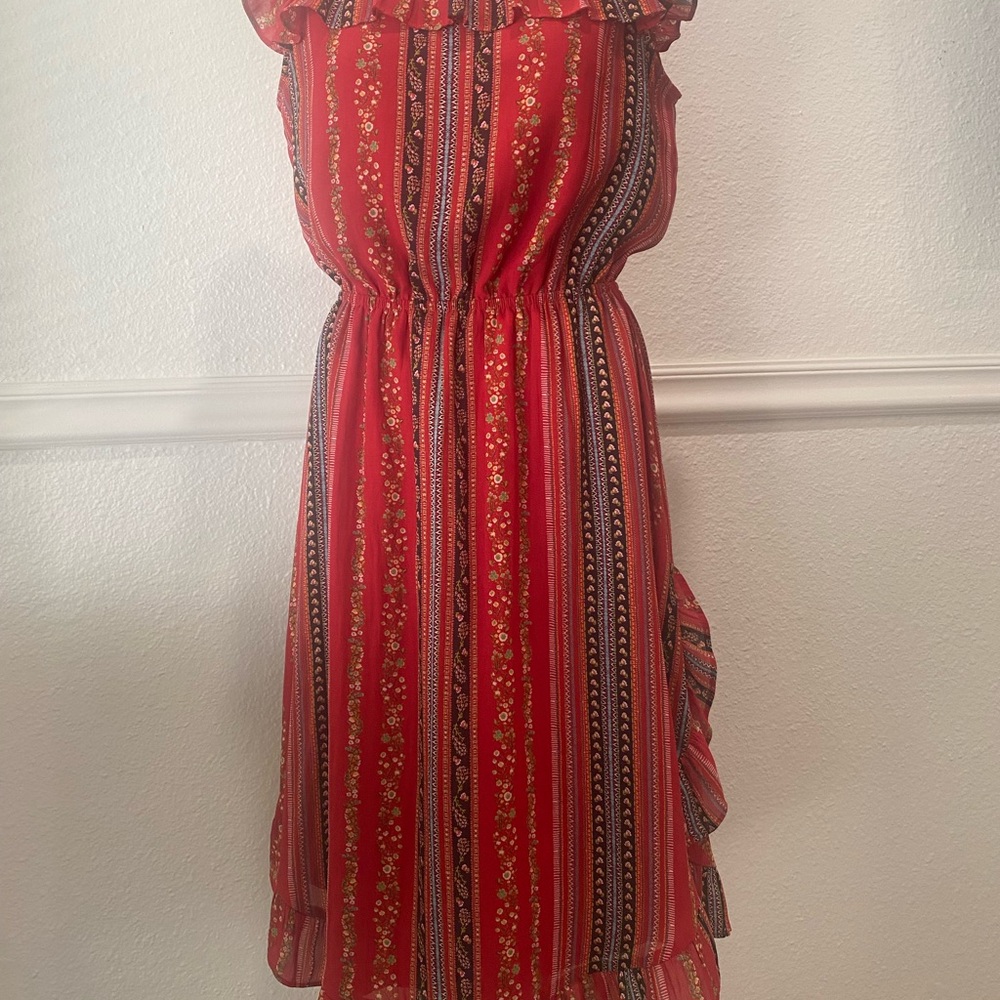 LOFT Vibrant Red and Black Patterned Midi Dress